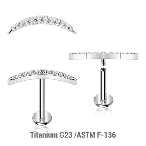 YLB12X18 Pack of 5 high polished titanium internally threaded labrets, Thickness 1.2mm, with a CZ studded crescent moon top