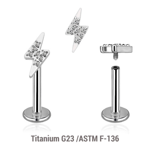 YLB12X19 Pack of 5 high polished titanium internally threaded labrets, Thickness 1.2mm, with a lightning bolt top YLB12X19 Pack of 5 high polished titanium internally threaded labrets, Thickness 1.2mm, with a lightning bolt top