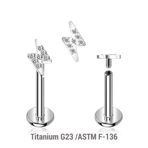YLB12X19 Pack of 5 high polished titanium internally threaded labrets, Thickness 1.2mm, with a lightning bolt top