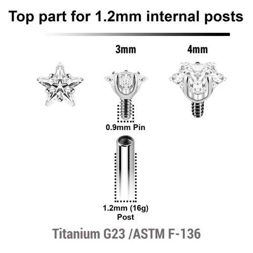 YTP12CZS Pack of 10 Titanium prong set star shape CZ attachments for 1.2mm internally threaded items, Thread size 0.9mm