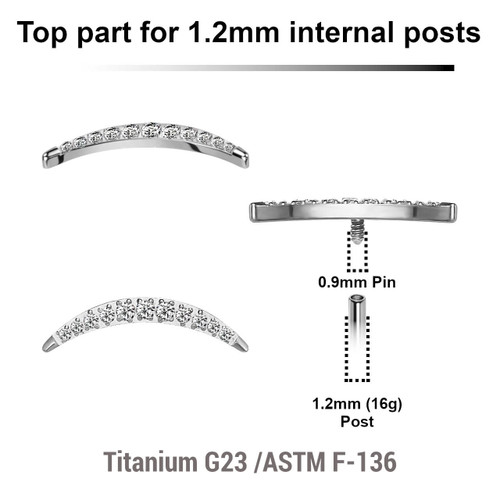 YTP12X18 Pack of 5 Titanium Internally threaded labret top with crescent moon design with 12 prong set CZ stones, Thread size 0.9mm