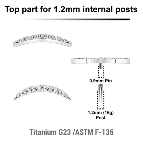 YTP12X18 Pack of 5 Titanium Internally threaded labret top with crescent moon design with 12 prong set CZ stones, Thread size 0.9mm