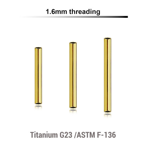 UYBA16N Pack of 5 internally threaded straight barbell posts in PVD plated titanium, thickness 1.6mm UYBA16N Pack of 5 internally threaded straight barbell posts in PVD plated titanium, thickness 1.6mm