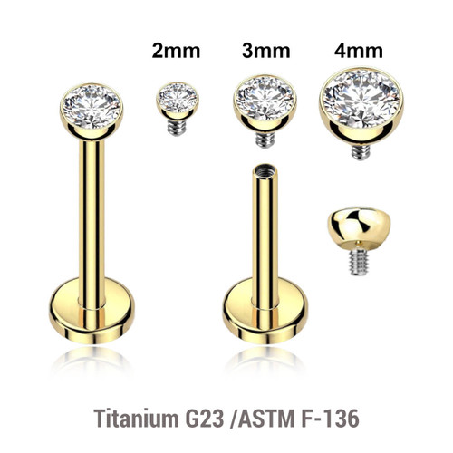ULB12BJH Pack of 5 Gold PVD plated titanium internally threaded labrets, Thickness 1.2mm, with a top half ball with a bezel set crystal ULB12BJH Pack of 5 Gold PVD plated titanium internally threaded labrets, Thickness 1.2mm, with a top half ball with a bezel set crystal