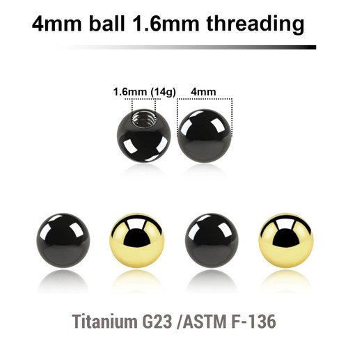 EYB16N4 Pack of 10 PVD plated titanium G23 balls with 4mm diameter and a 1.6mm external threading EYB16N4 Pack of 10 PVD plated titanium G23 balls with 4mm diameter and a 1.6mm external threading