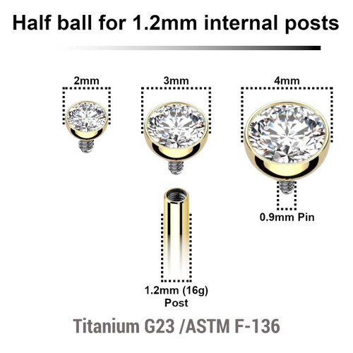 UYB12JH Pack of 10 PVD plated titanium half jewel balls with bezel set crystal for 1.2mm internally threaded posts