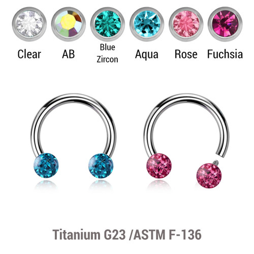 YCB12BF3 Pack of 5 high polished titanium internally threaded circular barbells, Thickness 1.2mm, with two 3mm multi-crystal balls with epoxy resin cover. YCB12BF3 Pack of 5 high polished titanium internally threaded circular barbells, Thickness 1.2mm, with two 3mm multi-crystal balls with epoxy resin cover.