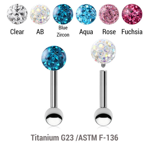 YBA12BF4S Pack of 5 high polished titanium internally threaded tragus barbells, Thickness 1.2mm, with a top 4mm multi-crystal ball with epoxy resin cover and a lower 3mm plain ball YBA12BF4S Pack of 5 high polished titanium internally threaded tragus barbells, Thickness 1.2mm, with a top 4mm multi-crystal ball with epoxy resin cover and a lower 3mm plain ball