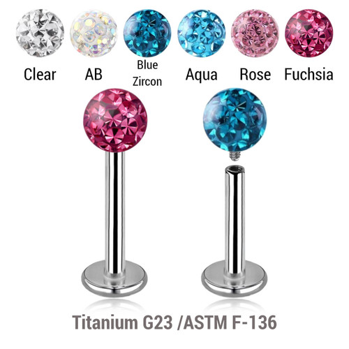 YLB12BF4 Pack of 10 high polished titanium internally threaded labrets, Thickness 1.2mm, with 4mm multi-crystal balls with epoxy resin cover. YLB12BF4 Pack of 10 high polished titanium internally threaded labrets, Thickness 1.2mm, with 4mm multi-crystal balls with epoxy resin cover.