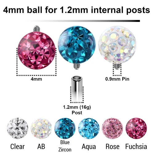 CYB12N4I Pack of 10 multi-crystal balls with 4mm diameter and epoxy resin cover for 1.2mm (16g) internally threaded Post with a Titanium 0.9mm internally threaded pin