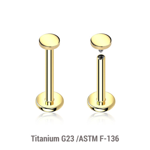 ULB12DI3 Pack of 5 high polished titanium internally threaded labrets, Thickness 1.2mm, with 3mm flat round disk tops