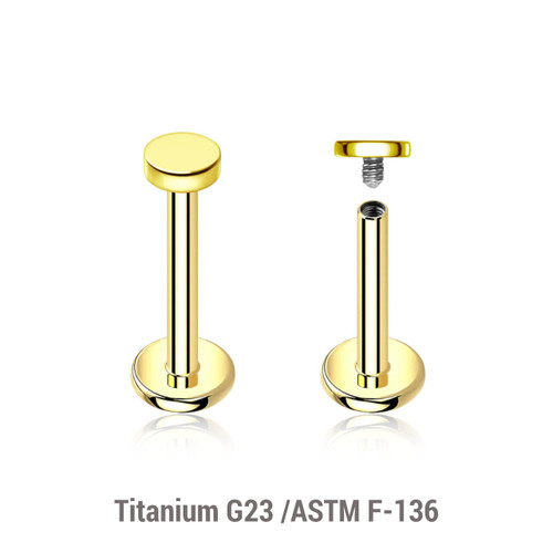 ULB12DI3 Pack of 5 high polished titanium internally threaded labrets, Thickness 1.2mm, with 3mm flat round disk tops
