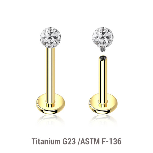 ULB12BF3 Pack of 5 Gold PVD plated titanium internally threaded labrets, Thickness 1.2mm, with 3mm multi-crystal balls with epoxy resin cover. ULB12BF3 Pack of 5 Gold PVD plated titanium internally threaded labrets, Thickness 1.2mm, with 3mm multi-crystal balls with epoxy resin cover.