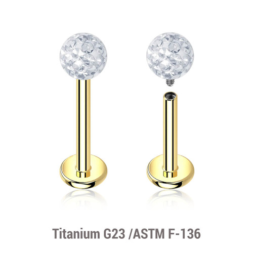 ULB12BF4 Pack of 5 Gold PVD plated titanium internally threaded labrets, Thickness 1.2mm, with 4mm multi-crystal balls with epoxy resin cover