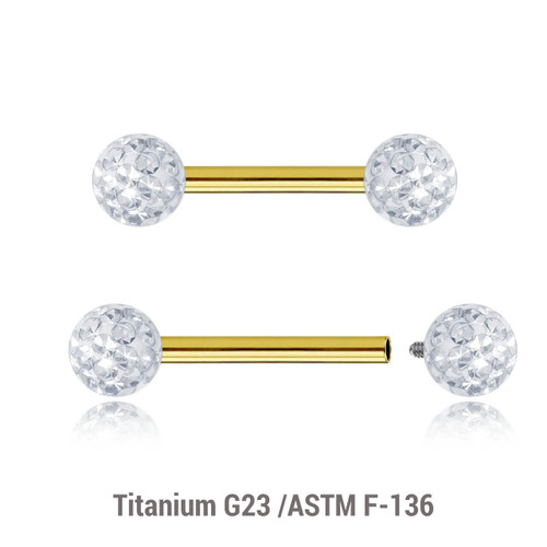 UBA12BF4 Pack of 5 Gold PVD plated titanium internally threaded tragus barbells, Thickness 1.2mm, with two 4mm multi-crystal balls with epoxy resin cover. UBA12BF4 Pack of 5 Gold PVD plated titanium internally threaded tragus barbells, Thickness 1.2mm, with two 4mm multi-crystal balls with epoxy resin cover.