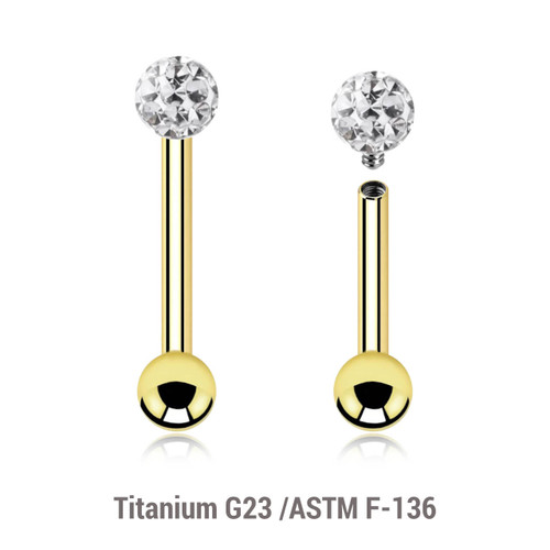 UBA12BF3S Pack of 5 Gold PVD plated titanium internally threaded tragus barbells, Thickness 1.2mm, with a top 3mm multi-crystal ball with epoxy resin cover and a lower 3mm plain ball UBA12BF3S Pack of 5 Gold PVD plated titanium internally threaded tragus barbells, Thickness 1.2mm, with a top 3mm multi-crystal ball with epoxy resin cover and a lower 3mm plain ball