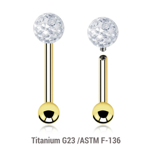 UBA12BF4S Pack of 5 Gold PVD plated titanium internally threaded tragus barbells, Thickness 1.2mm, with a top 4mm multi-crystal ball with epoxy resin cover and a lower 3mm plain ball UBA12BF4S Pack of 5 Gold PVD plated titanium internally threaded tragus barbells, Thickness 1.2mm, with a top 4mm multi-crystal ball with epoxy resin cover and a lower 3mm plain ball