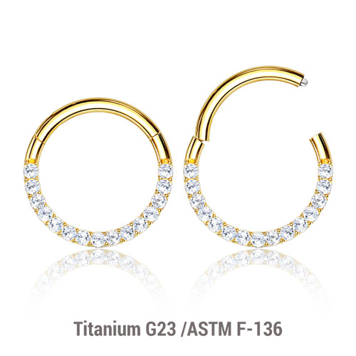 ESG12HCZB Wholesale Pack of 5 Gold PVD plated Titanium G23 hinged septum segment rings with forward facing prong set CZ, Thickness 1.2mm ESG12HCZB Wholesale Pack of 5 Gold PVD plated Titanium G23 hinged septum segment rings with forward facing prong set CZ, Thickness 1.2mm
