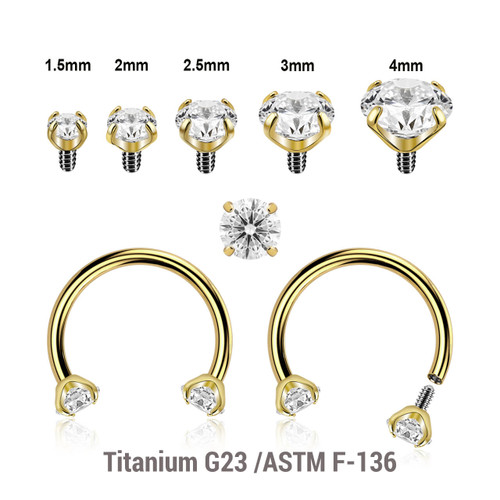 UCB12CZ Pack of 5 PVD plated titanium internally threaded circular barbells, Thickness 1.2mm, with prong set CZ stones