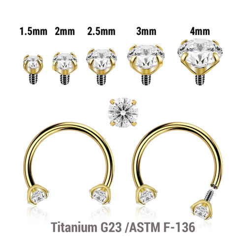 UCB12CZ Pack of 5 PVD plated titanium internally threaded circular barbells, Thickness 1.2mm, with prong set CZ stones