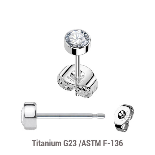 TES08J Pack of 5 pairs of Titanium G23 Ear studs with round top with bezel set crystal and butterflies with titanium engraving TES08J Pack of 5 pairs of Titanium G23 Ear studs with round top with bezel set crystal and butterflies with titanium engraving