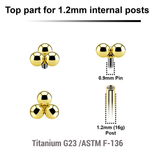 UTP12X17 Pack of 5 Gold PVD plated Titanium G23 Internally threaded labret tops with a plain trinity design, Thread size 0.9mm