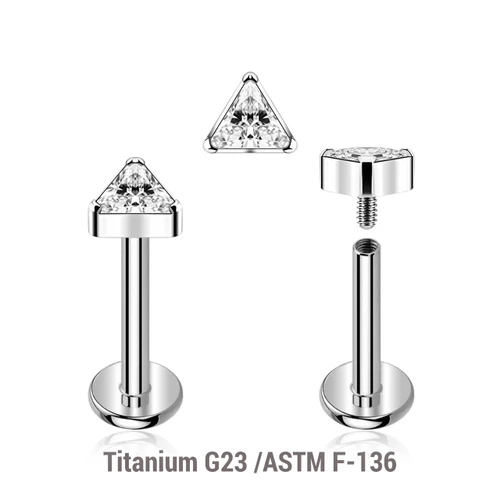 YLB12X21 Pack of 5 high polished titanium internally threaded labrets, Thickness 1.2mm, with a triangle top with bezel set CZ