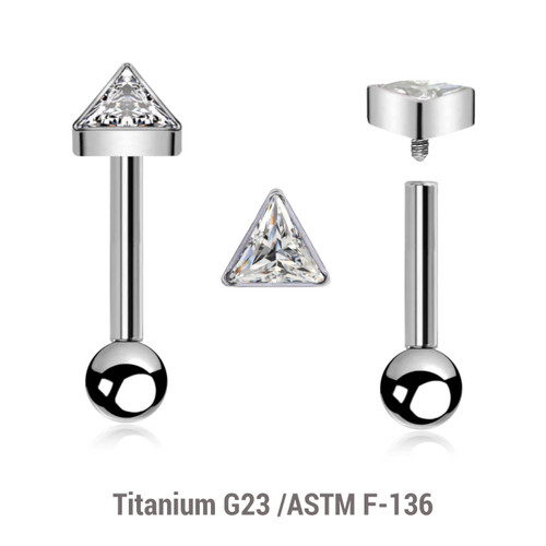 YBA12X21 Pack of 5 high polished titanium internally threaded tragus barbells, Thickness 1.2mm, with a triangle top with bezel set CZ and a lower 3mm plain ball YBA12X21 Pack of 5 high polished titanium internally threaded tragus barbells, Thickness 1.2mm, with a triangle top with bezel set CZ and a lower 3mm plain ball