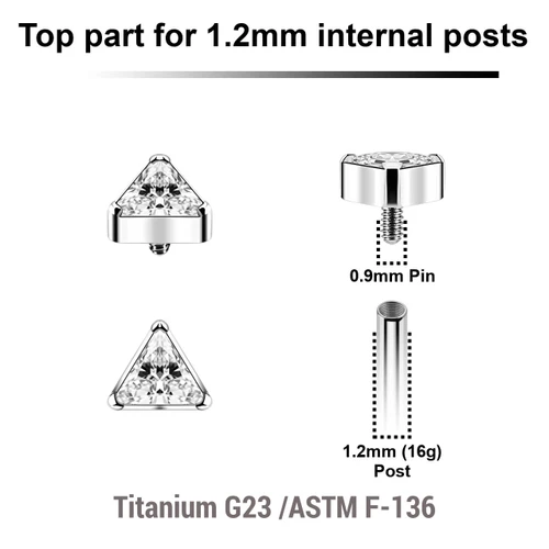 YTP12X21 Pack of 5 Titanium Internally threaded labret top in triangle shape with bezel set CZ stone, Thread size 0.9mm