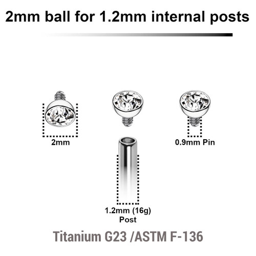 YYB12J2H Pack of 10 high polished titanium G23 half jewel balls with bezel set crystal with 2mm diameter for 1.2mm internally threaded posts