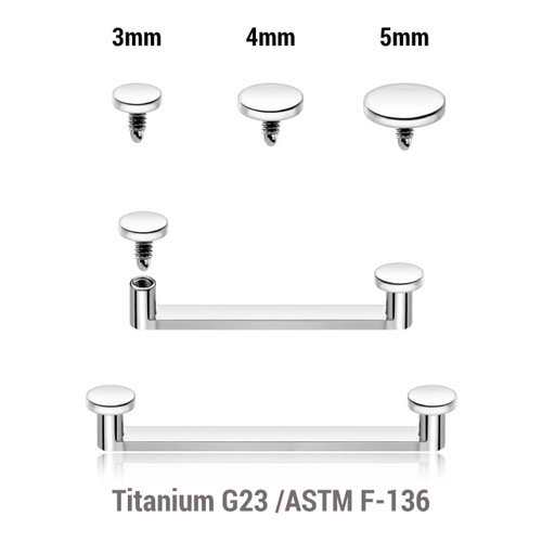 YSB16DI Pack of 5 high polished titanium internally threaded flat surface barbells with a 90-degree angle and 2mm height, thickness 1.6mm and flat disk