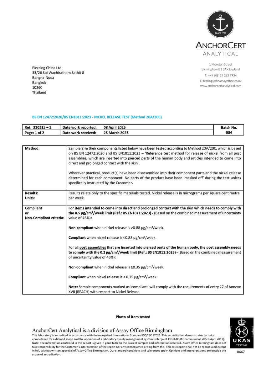 Piercing-China-Nickel-Release-Test-by-Birmingham Assay Office-Page-1