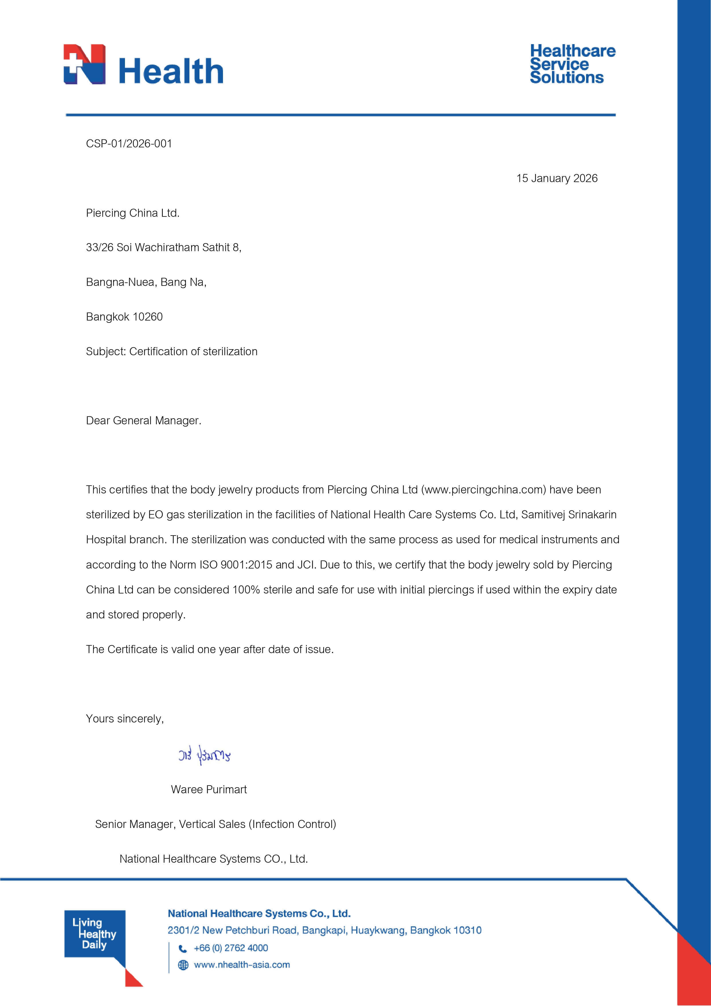 Certificado de esterilización de nuestros piercings pre esterilizados.