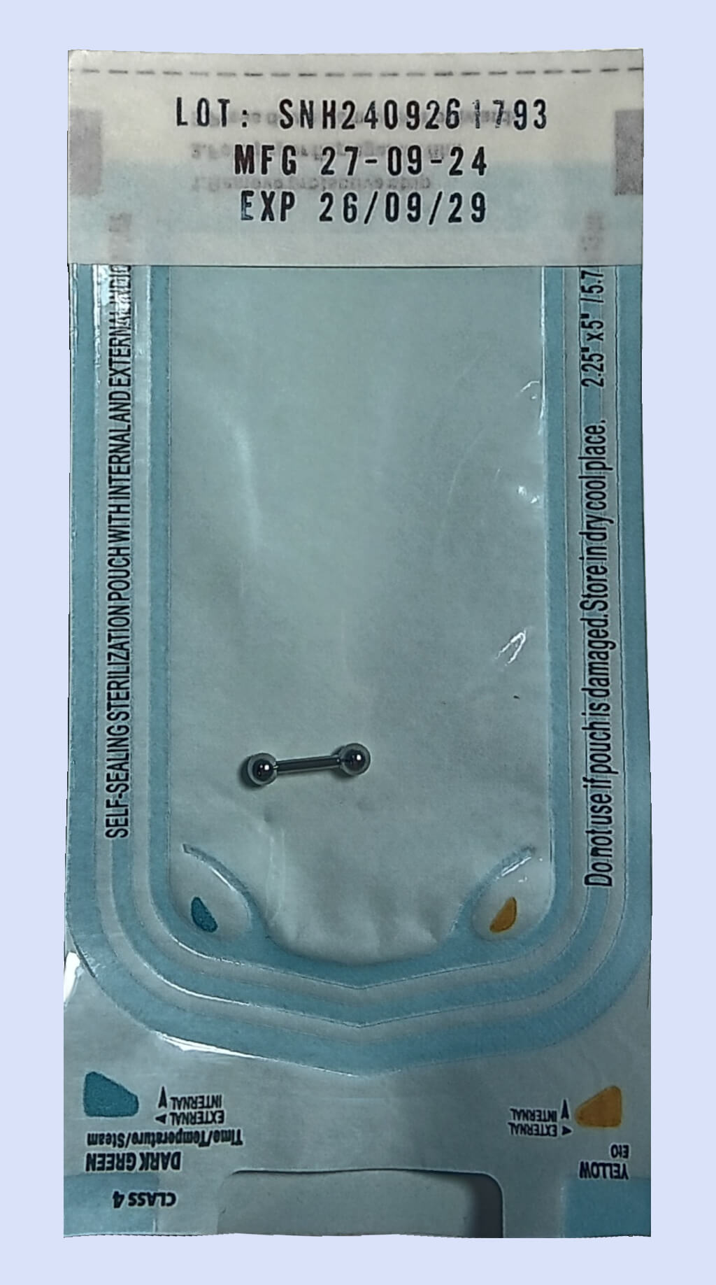 Sterilized Body Jewelry Packaging Example with Lot Number Expiration date and Manufacturing Date type B