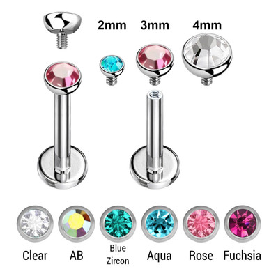 FLB12JH 316L steel internally threaded labret w crystal top