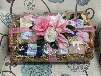 Our Zen retreat in our seagrass basket filled with an assortment of bottles and jars. Each with aromatherapy products.