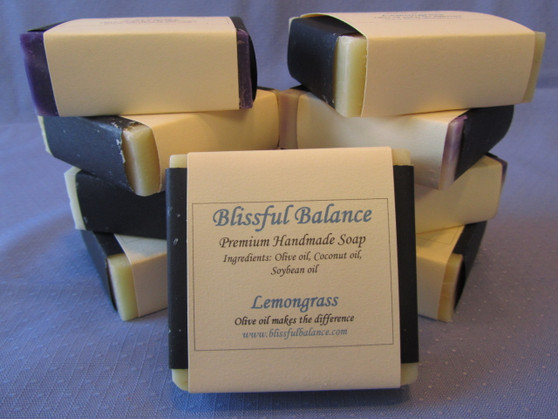 Pile of square soap bars, with Blissful Balance label