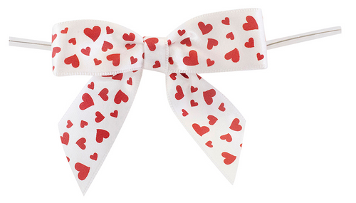 7/8" Hearts  Pre-Tied Satin Twist Tie Bows - Hearts on White - 100 Bows/Pack