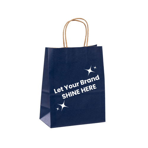 Branded Paper Shopping Bags - Navy Blue 8"x 4" x 10" - 250 Bags