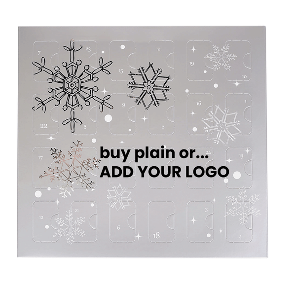 25 Sets (Boxes & Trays) - Fillable (Empty) Plain or Custom Branded Advent Calendar Candy Boxes - Silver Snowflake