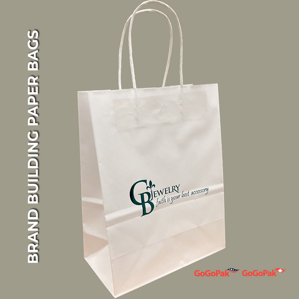 250 Bags - Custom Branded White Paper Shopping Bags -8.25" x 4.33" x 10.6"