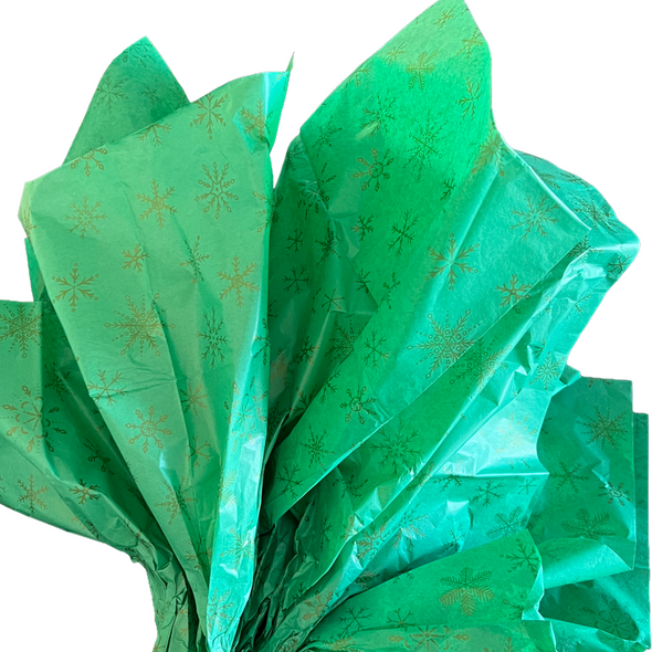 Gold Snowflakes on Dark Green Tissue - 100 Sheets Gold Snowflakes on Dark Green Tissue - 100 Sheets