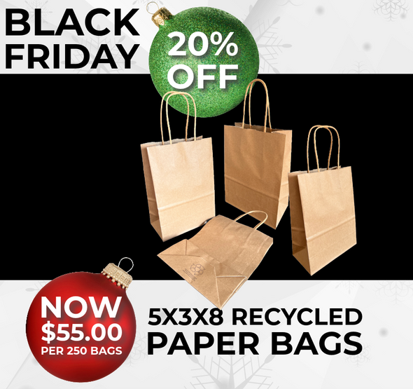 BLACK FRIDAY DEALS - 250 Bags - 5" x 3" x 8" Recycled Kraft Paper Shopping Bags