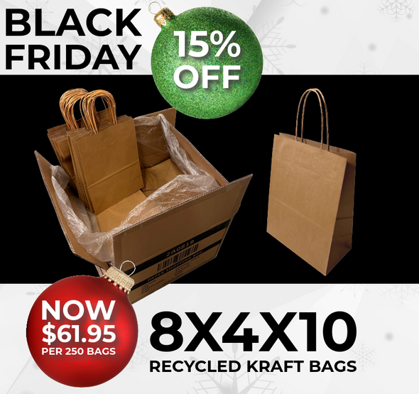 BLACK FRIDAY DEALS - 250 Bags - 8.25" x 4.33" x 10.6"   Recycled Kraft Paper Shopping Bags