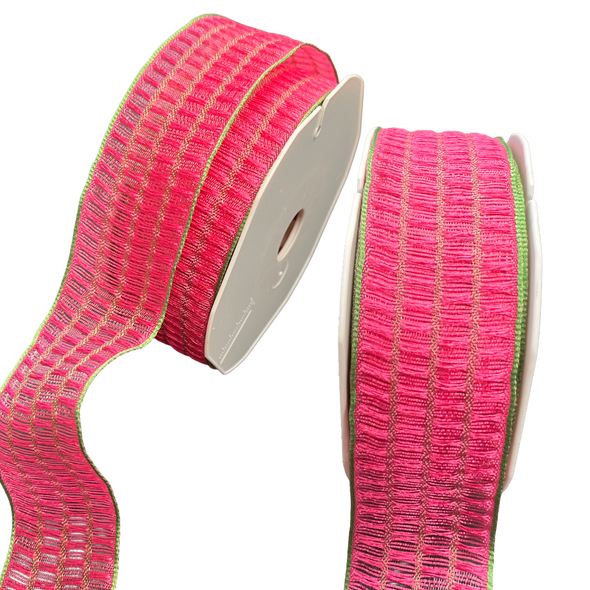 20 Yards - Fuchsia with Green Trim Wired Ribbon - 1-1/2" Width