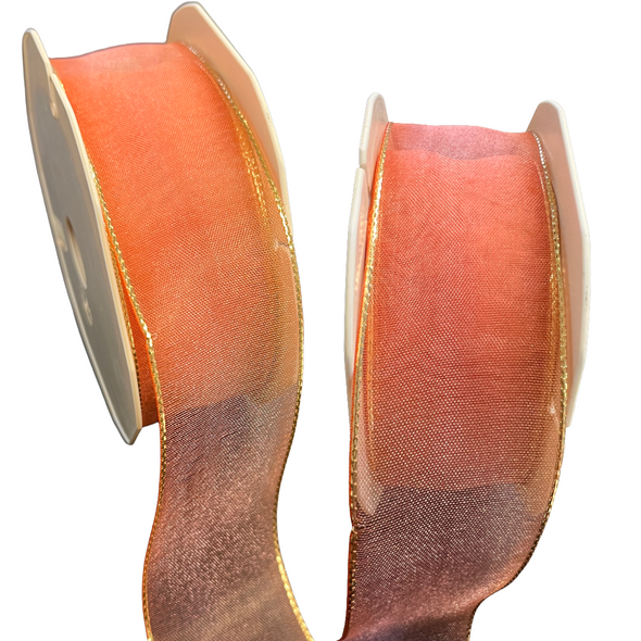 20 Yards - Peach Organza with Gold Trim Wired Ribbon - 1-1/2" Width