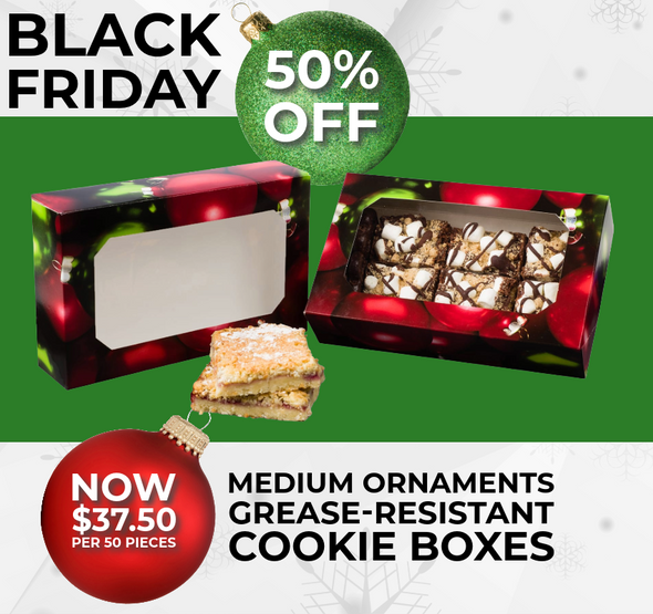 BLACK FRIDAY DEALS = 50 Boxes - Ornaments Design - Medium Grease Resistant Cookie - Bakery Boxes