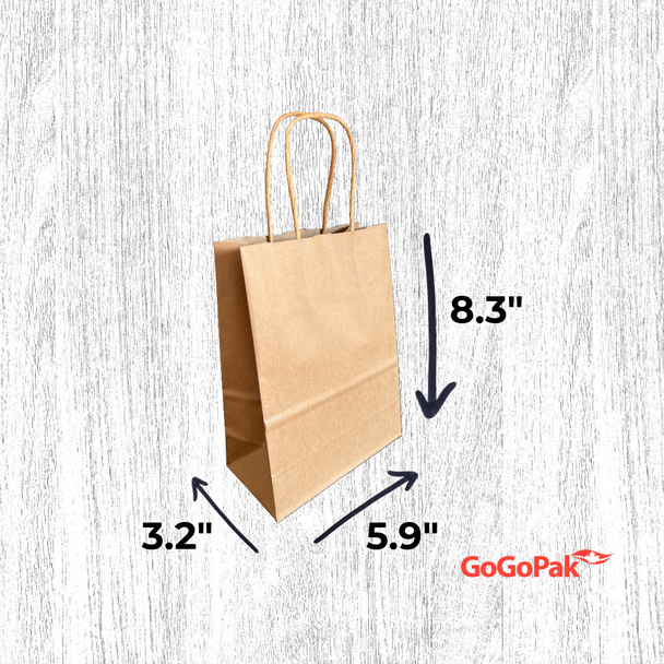 250 Bags - 5" x 3" x 8" Recycled Kraft Paper Shopping Bags