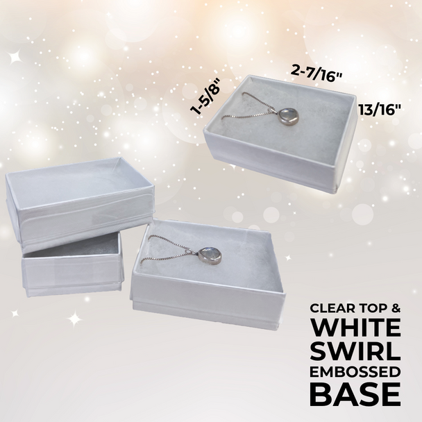 100 Boxes - Clear Top with White Swirl Bases Jewellery Boxes (With Filling) 2-7/16" x 1-5/8" x 13/16"