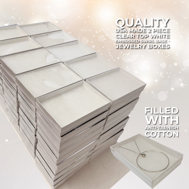 100 Boxes - Clear Top with White Swirl Bases Jewellery Boxes (With Filling) 5-7/16" x 3-1/2" x 1"